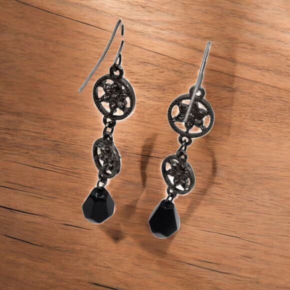Ornate Patterned Disc Earrings Clear Rhinestones Flower Star Design Black Beads - Picture 1 of 5